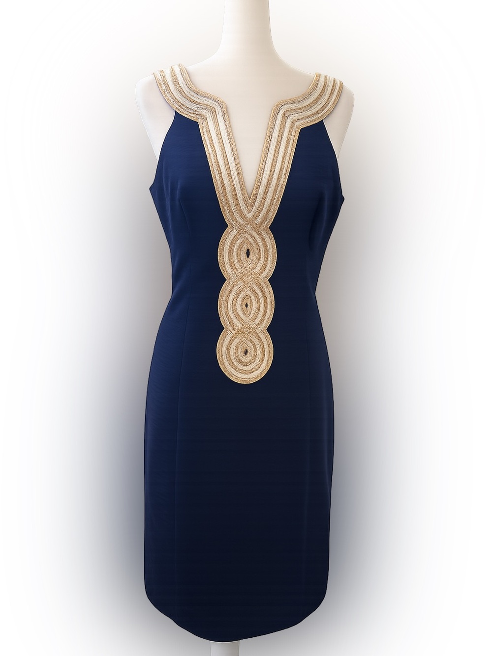 Lilly Pulitzer Navy Embellished Shift Dress Size 8 Gold Metallic Trim Cotton - Picture 2 of 10